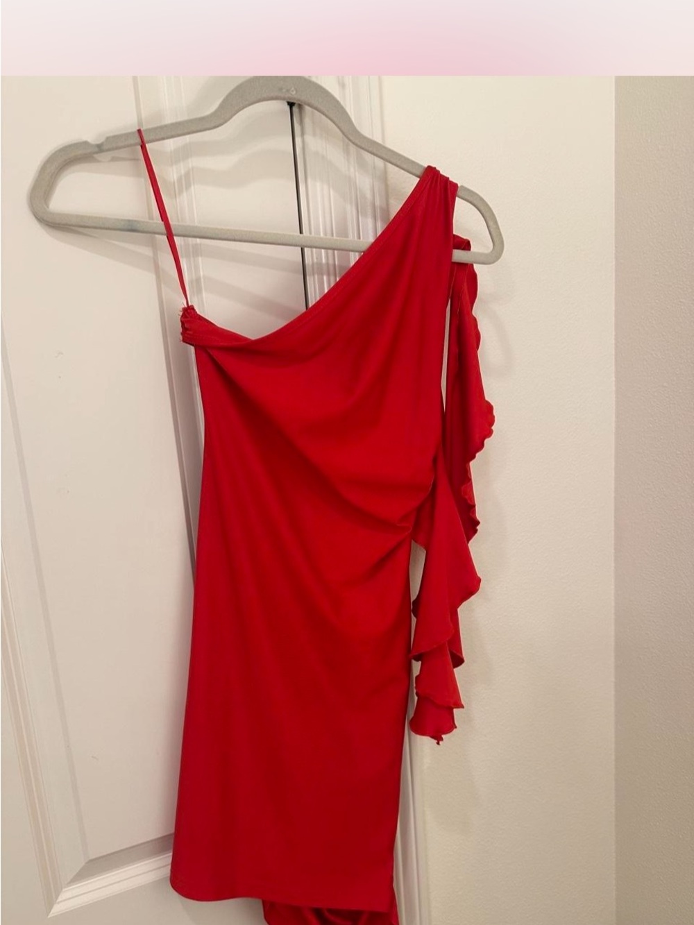 Red One-Shoulder Ruffle Draped Dress - Picture 2 of 2